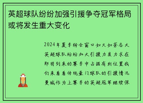 英超球队纷纷加强引援争夺冠军格局或将发生重大变化